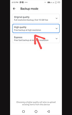 Backup mode is set to High quality.