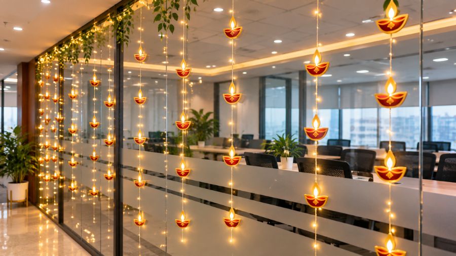 LED Diya Strings on Glass Partition